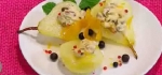Recetas faciles de Peras Cocidas en Vino Blanco con Pistachos y Queso Crema Dulce